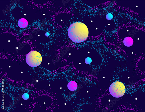 starry sky with planets seamless pattern. decorative image of the sky with space bodies. cosmic space.