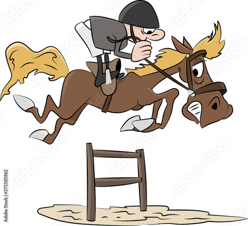 Cartoon rider jumping with his horse in an equestrian show jumping competition vector illustration