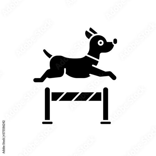 Pet training black glyph icon. Domestic animals taming and discipline education service silhouette symbol on white space. Dog preparing for contest, jumping over obstacle vector isolated illustration