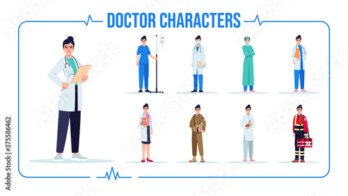Asian doctor semi flat RGB color vector illustration set. Herbal medicine specialist. Combat female medic. Virologist. Female doctor. Isolated cartoon one character on white background pack