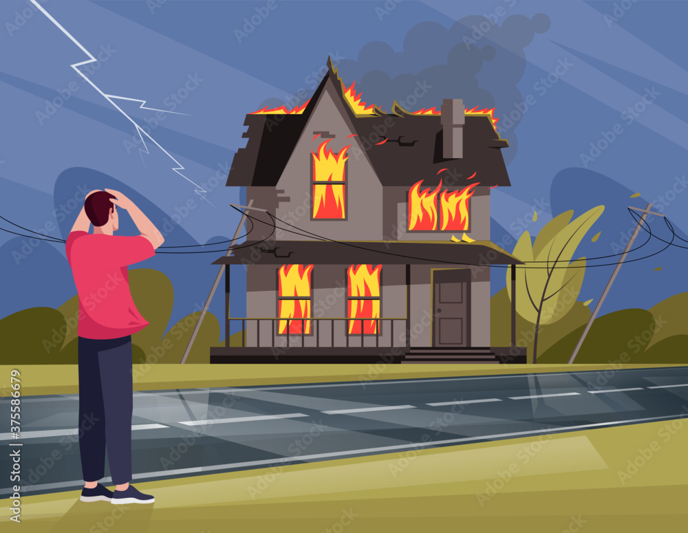 Man terrified by fire in Residential house semi flat vector illustration.  Flame captures windows. Crumbling and emptying two-storied building.  Withered environment 2D cartoon scene for commercial use Stock Vector |  Adobe Stock