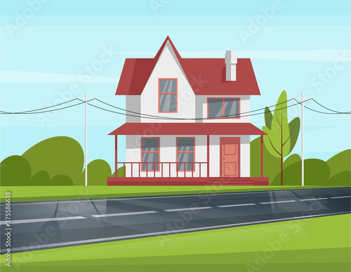 Styled renovated house with new windows and roof semi flat vector illustration. Cozy and welcoming two-storied building. Nice weather. Green bright environment 2D cartoon scene for commercial use