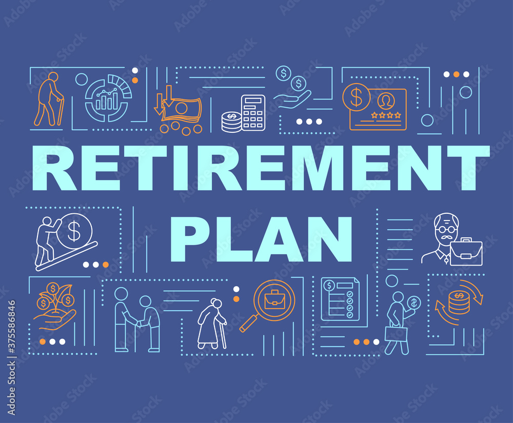 Retirement plan word concepts banner. Financial insurance, future planning. Infographics with linear icons on blue background. Isolated typography. Vector outline RGB color illustration