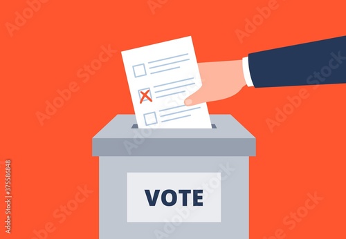 A hand is putting paper ballot to the election box. Voting against. Democratic election. Vector flat illustration. 