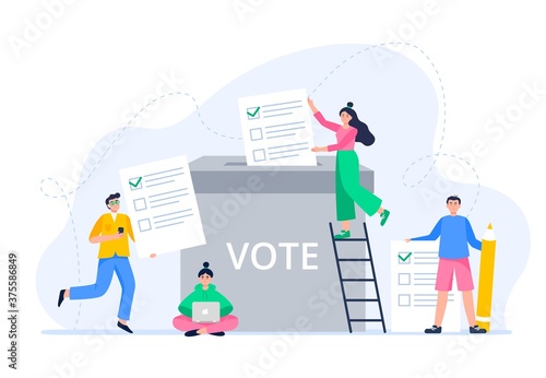 Young people putting paper ballots to election box. The public brings its decision to the voting box. Voting and election concept. Democratic election. Vector flat illustration.  photo