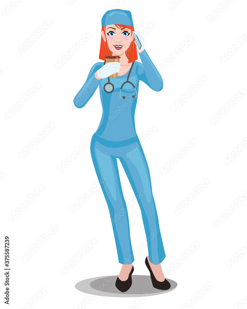 Redhead female doctor drinking coffee and talking on the phone. Redhead female doctor drinking coffee and talking on the phone.