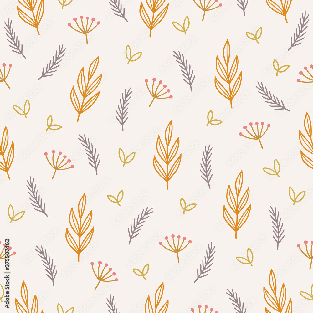 Floral seamless pattern with berries, leaves, fir branches