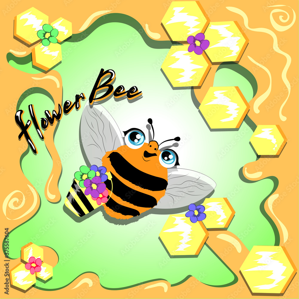 Flower Bee. Cute orange bee with flower bucket in a front of honeycombs. 