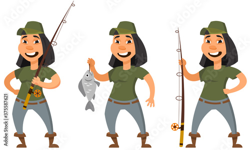 Fisherman in different poses. Female character in cartoon style.