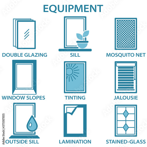 Metal and plastic windows equipment line icon set