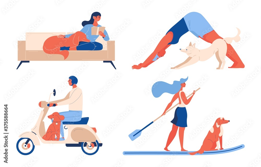 Vector isolated set people with dogs. Rides a scooter, does yoga, swims on a surfboard, reads a book. Concept illustration in red, blue color. Vector isolated set people with dogs. Rides a scooter, does yoga, swims on a surfboard, reads a book. Concept illustration in red, blue color.