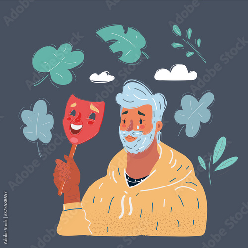 Vector illustration of sad man wearing smile mask. Fake and hide emotion concept on dark background.