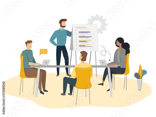Flat design showing a business presentation on a whiteboard with a group of workers  