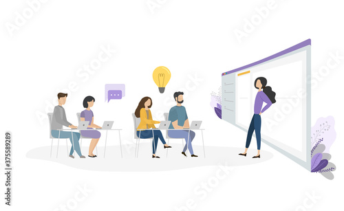 Flat design about a training presentation for a group of workers
