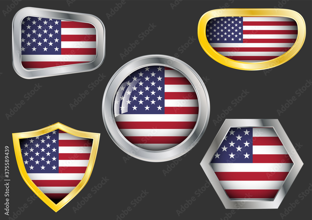 Naklejka premium Set of steel and gold badges with American flag