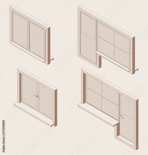 Isometric full color outline linear set of closed double-glazed windows with windowsill and doors. 3d illustration for building.