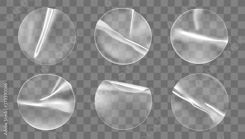 Transparent round adhesive stickers mock up set isolated on transparent background. Plastic crumpled round sticky label with glued effect. Template of a label or price tags. 3d realistic vector mockup