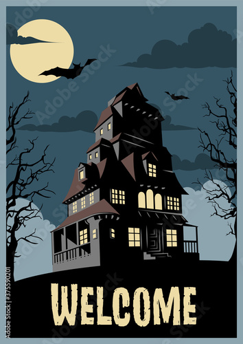 Halloween Poster Template, House with the Ghosts, Dead Trees, Bats, Full Moon Night Scene 