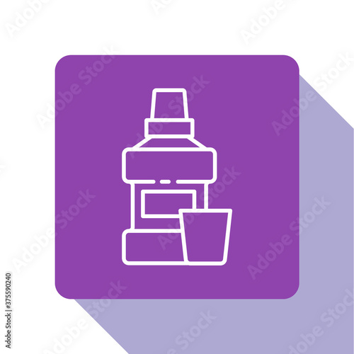 White line Mouthwash plastic bottle and glass icon isolated on white background. Liquid for rinsing mouth. Oralcare equipment. Purple square button. Vector.