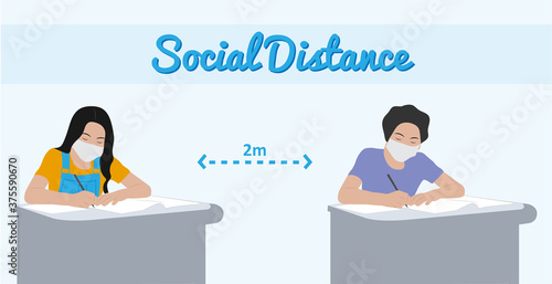 Social distance in exam hall concept illustration. Students wearing face mask maintaining social distance in class.