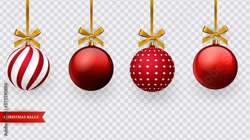 Set of realistic red Christmas balls with various patterns. Vector