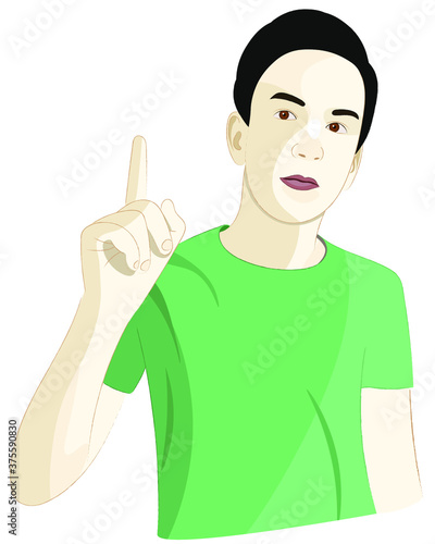 Portrait of a guy who is thoughtful and raised the index finger of one hand up