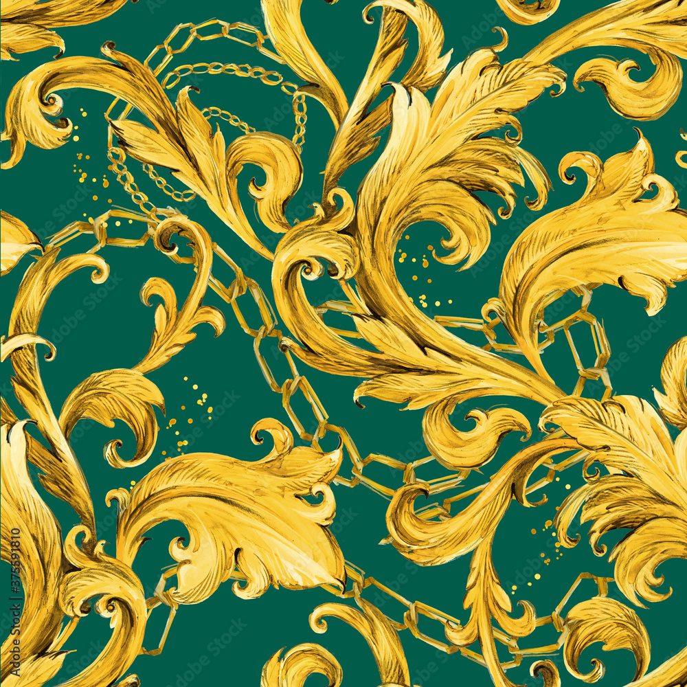 Gold damask seamless pattern. Watercolor vintage golden lion ornament. luxury textile print
