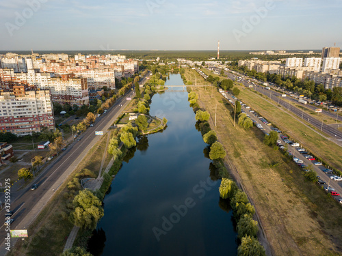 Aerial drone view. Lake in the city park of Kiev. © Sergey