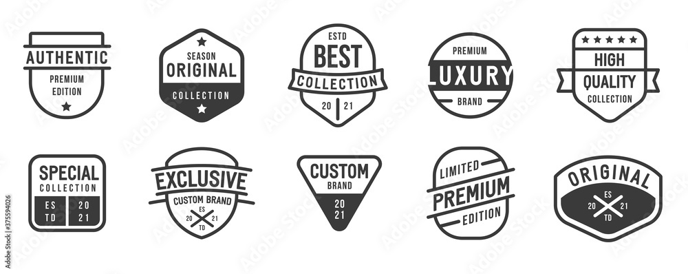 Collection of banner, logo, badge or label in retro vintage style. Graphic elements different forms. Minimalistic vector objects template for exclusive, original, special products.