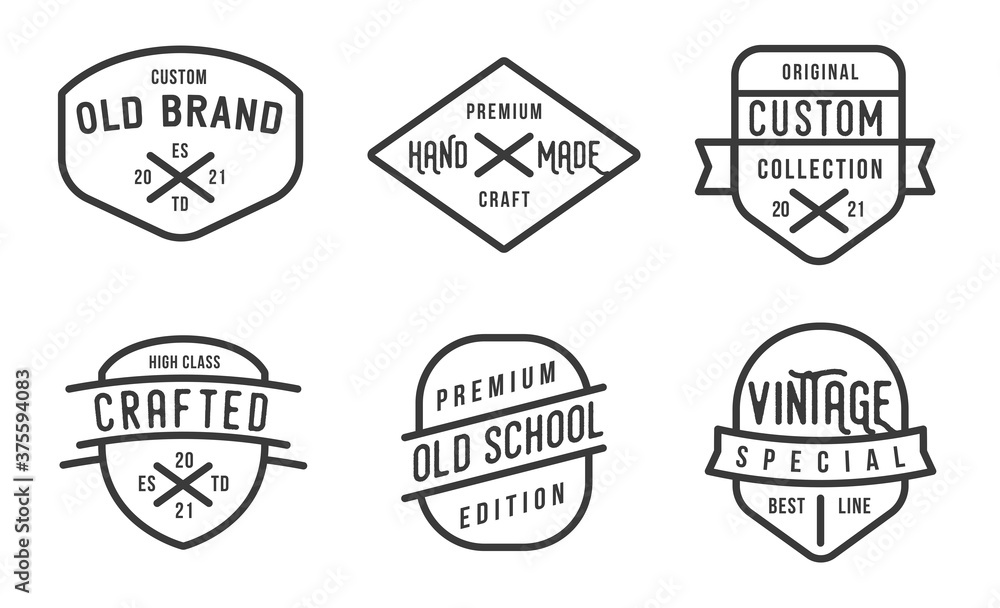 Collection of banner, logo, badge or label in retro vintage style. Graphic elements different forms. Minimalistic vector objects template for branding craft, hand made, custom products.