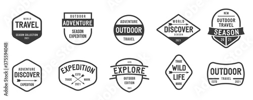 Collection of banner, logo, badge or label in retro vintage style. Graphic elements different forms. Minimalistic vector objects template for branding travel, outdoor, expedition events. photo