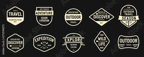 Collection of banner, logo, badge or label in retro vintage style. Graphic elements different forms. Minimalistic vector objects template for branding travel, outdoor, expedition events.
