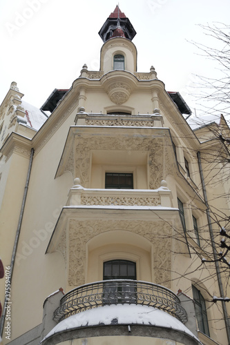 Building on Alberta street, 12, Riga city, Latvia, Europe. Facade detail. Old architecture in art nouveau style. Jugendstil. Konstantin Pekshens's house. Riga landmark, monument photo