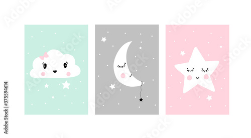 Cute posters with little cloud, moon, and star vector prints for baby room, baby shower, greeting card, kids and baby t-shirts, and wear. Hand drawn nursery
