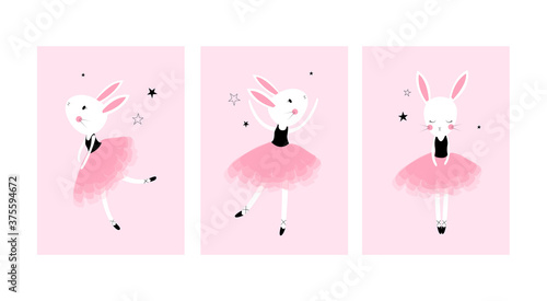 Cute posters with little ballet rabbits vector prints for baby room, baby shower, greeting card, kids and baby t-shirts, and wear. Hand drawn nursery