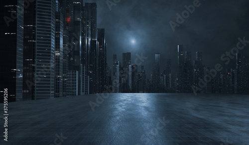 3D Rendering of modern skyscraper buildings in large city at night with reflection on wet  puddle street after raining. Concept for night life, business vision, technology product 