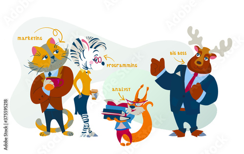 Humanized animals' business animals characters teamwork. cat, zebra, squirrel, elk 