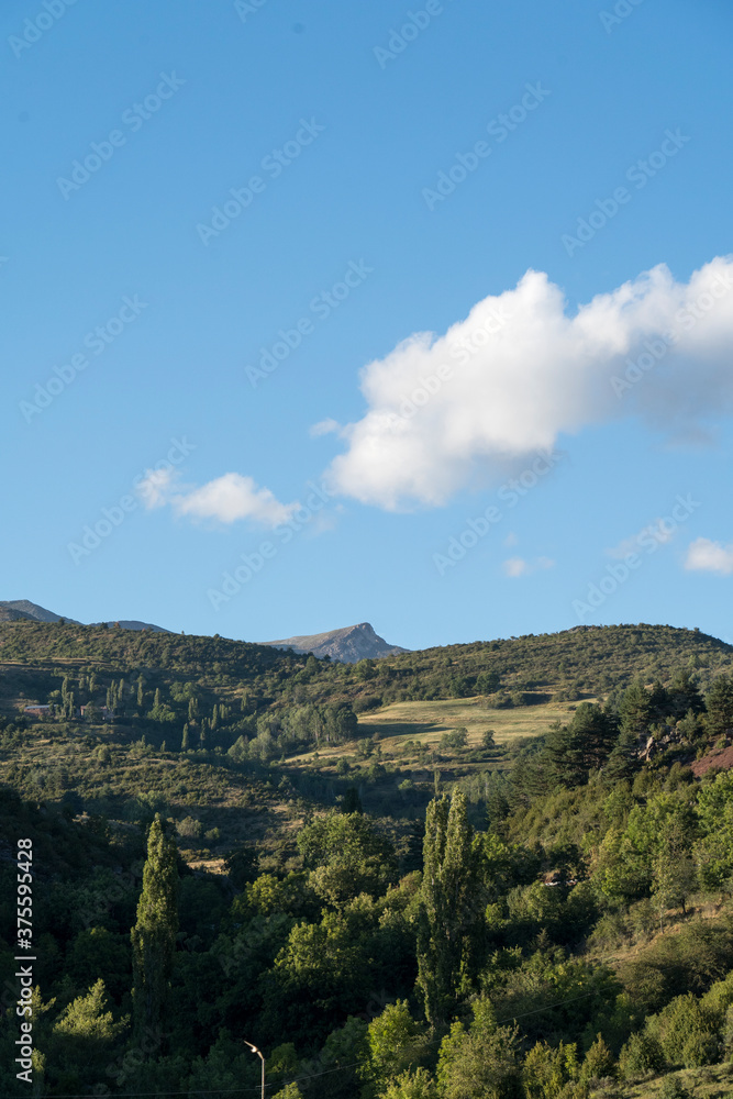 Montaña y prado verde con cielo azul