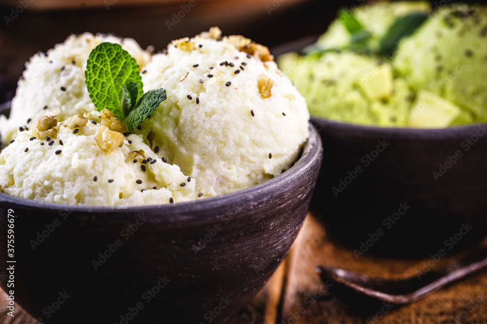 gourmet Brazilian banana ice cream, with organic, natural fruit decorated with mint. gourmet Brazilian banana ice cream, with organic, natural fruit decorated with mint.