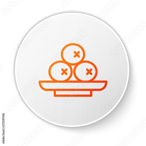 Orange line Olives on plate icon isolated on white background. White circle button. Vector.