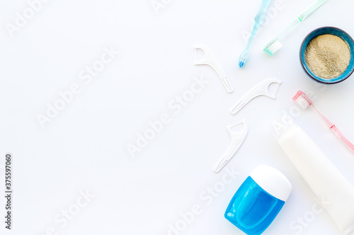 Oral care and hygiene layout of dental tools. Top view, flat lay