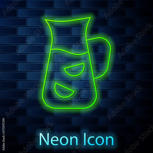 Glowing neon line Sangria icon isolated on brick wall background. Traditional spanish drink. Vector.