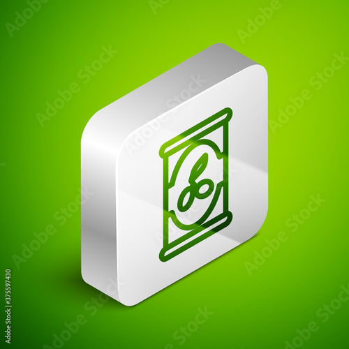 Isometric line Olives in can icon isolated on green background. Concept of canned food. Silver square button. Vector.