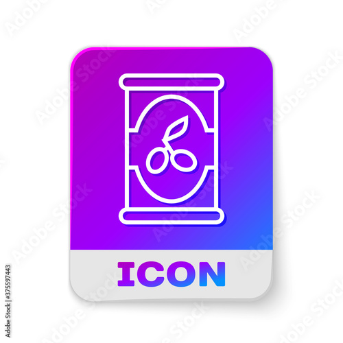 White line Olives in can icon isolated on white background. Concept of canned food. Rectangle color button. Vector.