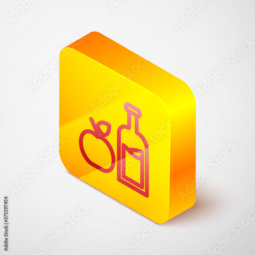 Isometric line Apple cider bottle icon isolated on grey background. Beverage glass bottle. Yellow square button. Vector.