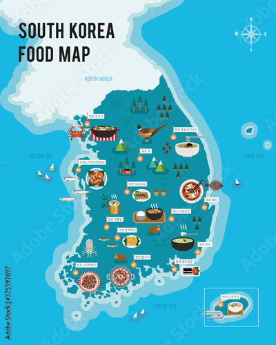 한국. 음식. 지도. 벡터 일러스트레이션