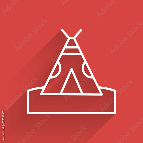 White line Traditional indian teepee or wigwam icon isolated with long shadow. Indian tent. Vector.