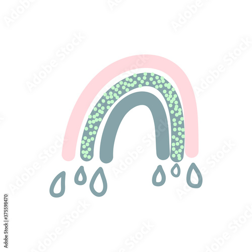 Adorable rainbow clipart in trendy Scandinavian style. Funny, cute, hygge illustration for poster, textile, decoration kids playroom or greeting card. Hand drawn doodle element. Vector illustration.
