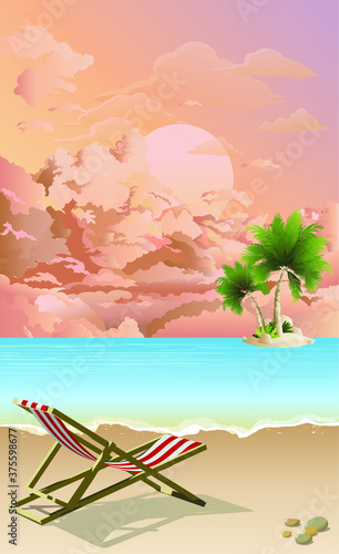 Picturesque tropical island scene with empty deckchair on deserted beach set against a dawn or dusk pink sky