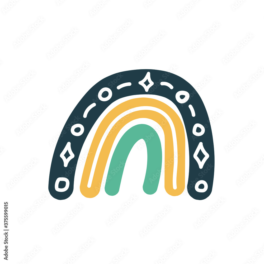 Fototapeta premium Adorable rainbow clipart in trendy Scandinavian style. Funny, cute, hygge illustration for poster, textile, decoration kids playroom or greeting card. Hand drawn doodle element. Vector illustration.